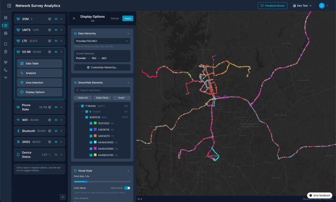 NS Analytics map view with colored survey trails along roads and a left panel listing record types.